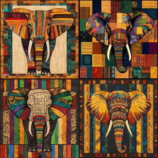African Patchwork Elephant Fabric Panel – 45" x 36" | 100% Cotton