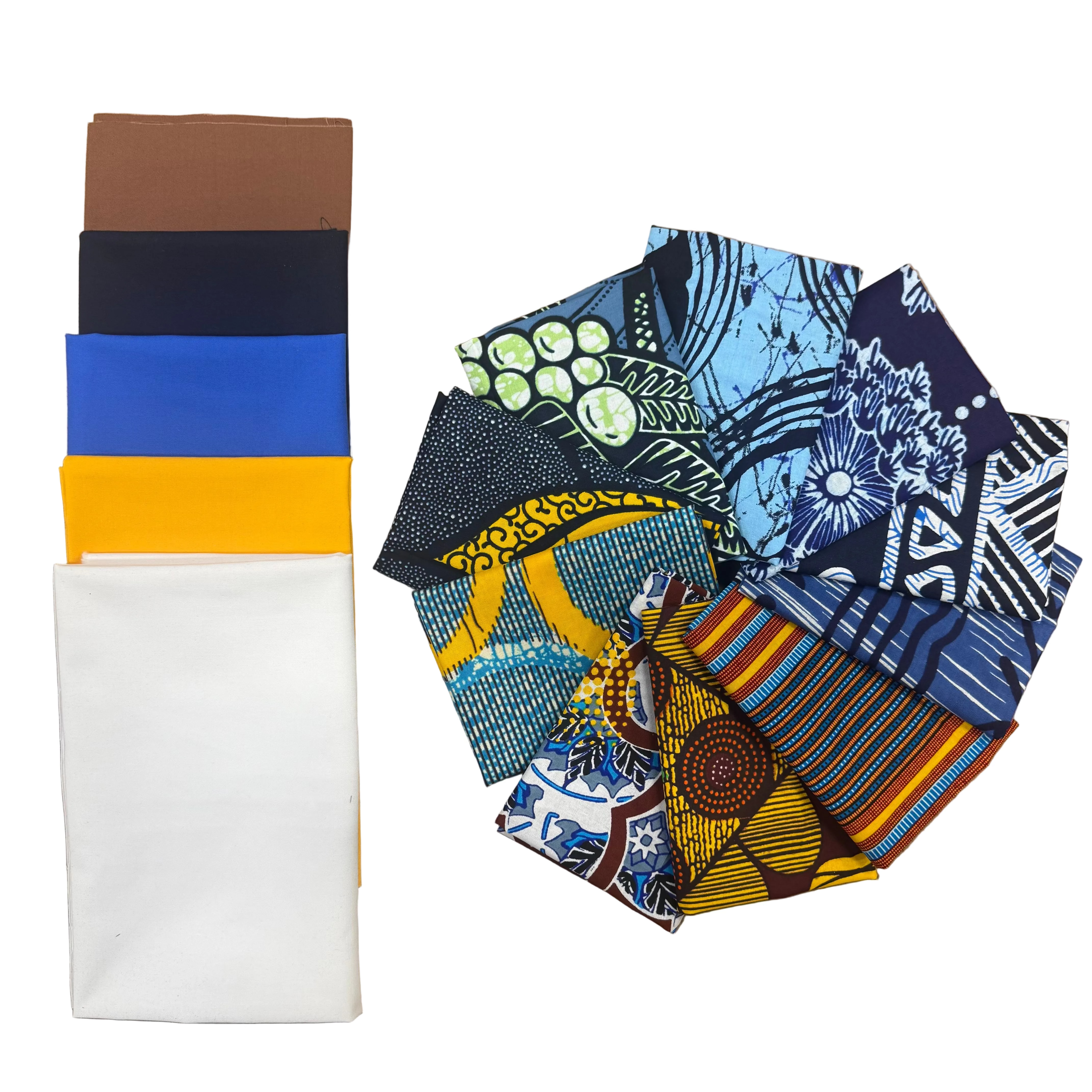 Collection of African fabric fat quarters in various patterns and colors