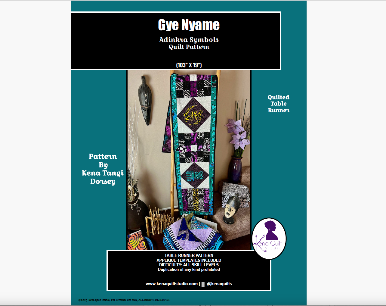 "Gye Nyame" Adinkra Symbol Quilted Table Runner - Downloadable Quilt Pattern (by Kena Dorsey)