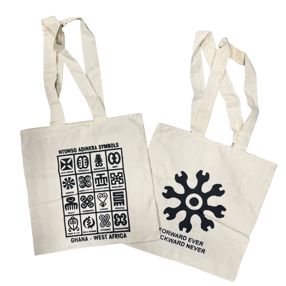 Adinkra Tote Bag: Forward Ever Backward Never Black