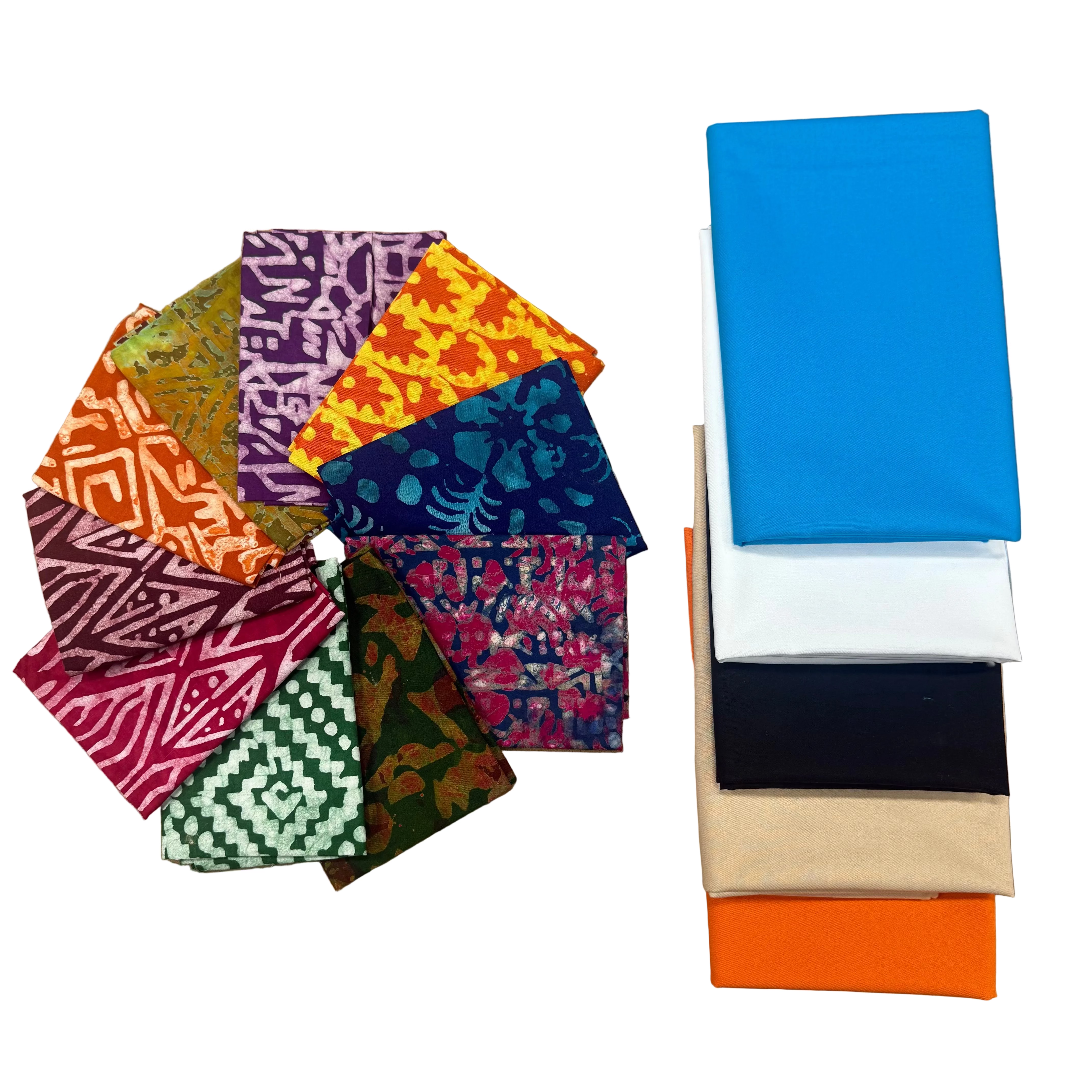 Colorful fabric swatches arranged on a brown surface